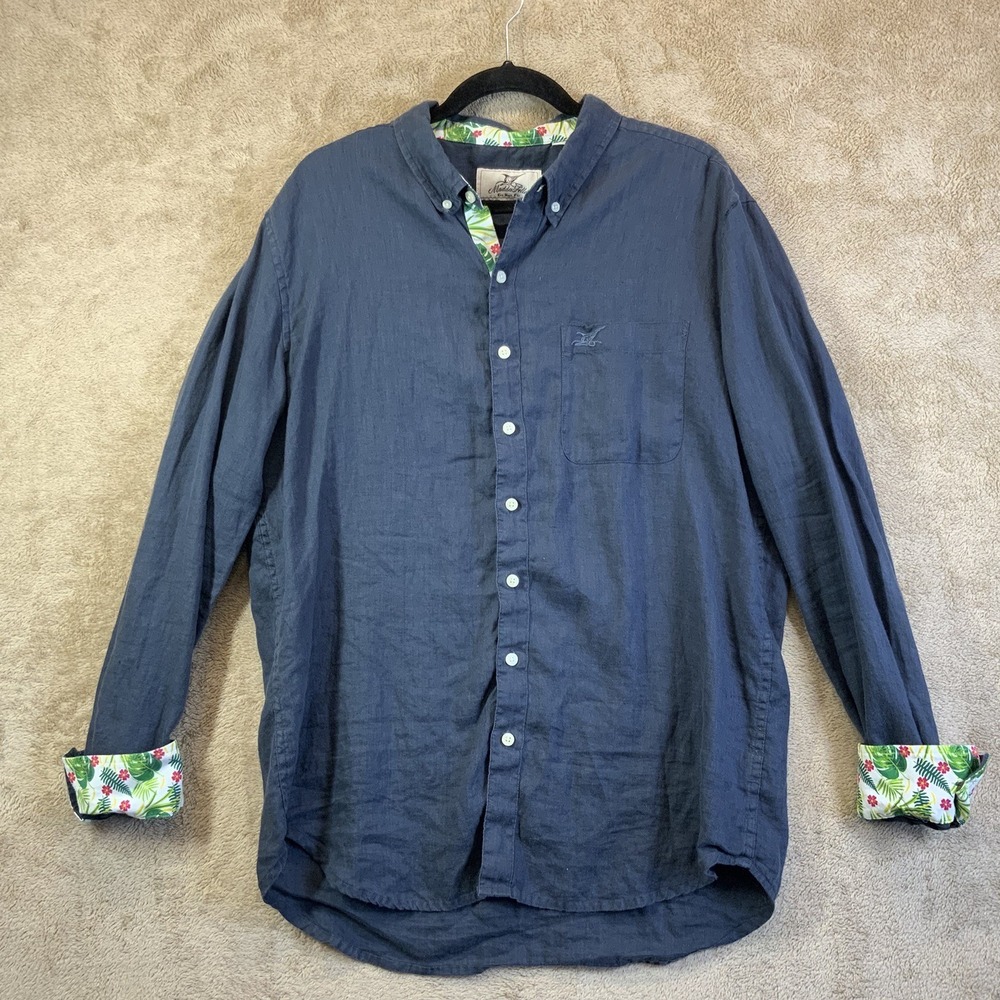 Madda Fella Sz‎ L Linen Button Down Shirt Contrasting Floral Print Casual Cruise